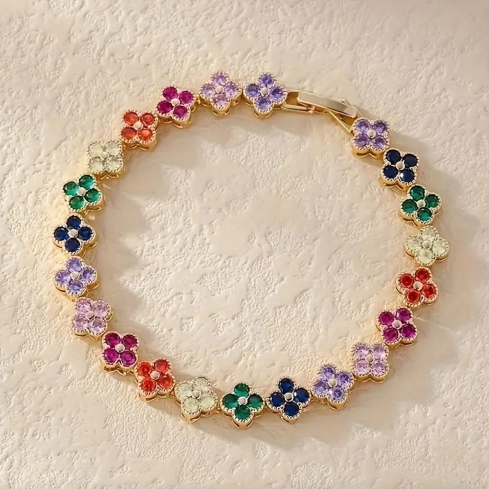 14k Gold Clover Motif Tennis Bracelet